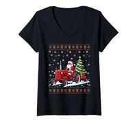 Donna Babbo Natale Che cavalca Il Trattore Merry Christmas Funny Brutto Natale Maglietta con Collo a V