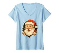 Donna Babbo Natale Che Ti Guarda Attraverso Il Buco, Divertente Natale retrò Maglietta con Collo a V
