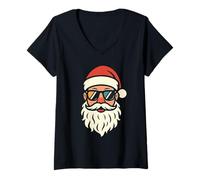 Donna Babbo Natale Cool con Occhiali Retro Santa Head Christmas Maglietta con Collo a V