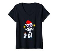 Donna Babbo Natale e Cervo Robot Divertente Geek Merry Christmas Xmas Maglietta con Collo a V