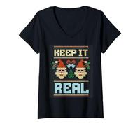 Donna Babbo Natale Keep it Real Divertente Costume di Natale Maglietta con Collo a V