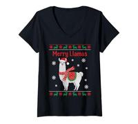 Donna Babbo Natale Llama Divertente Natale Merry Llamas Xmas Maglietta con Collo a V