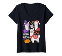 Donna Babbo Natale Llama Divertente Natale Merry Llamas Xmas Maglietta con Collo a V