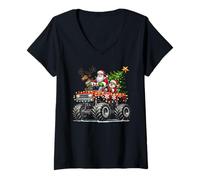 Donna Babbo Natale - Monster Truck - Luci di Natale Maglietta con Collo a V