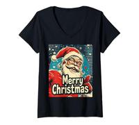 Donna Babbo Natale Pop Art Divertente Carino Natale Xmas Maglietta con Collo a V