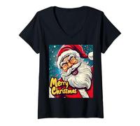 Donna Babbo Natale Pop Art Divertente Carino Natale Xmas Maglietta con Collo a V