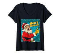 Donna Babbo Natale Pop Art Divertente Carino Natale Xmas Maglietta con Collo a V