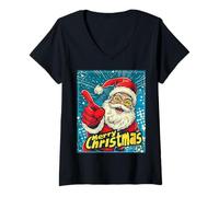 Donna Babbo Natale Pop Art Divertente Carino Natale Xmas Maglietta con Collo a V
