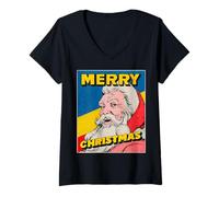 Donna Babbo Natale Pop Art Merry Christmas Xmas Maglietta con Collo a V