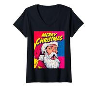 Donna Babbo Natale Pop Art Merry Christmas Xmas Maglietta con Collo a V