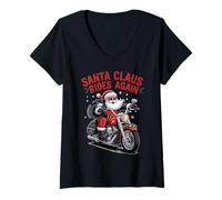 Donna Babbo Natale Rides Again - Divertente Moto Rock N Roll Maglietta con Collo a V
