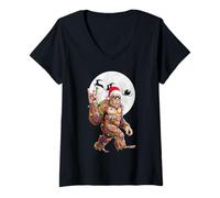Donna Babbo Natale Sasquatch Slitta Lunare Maglietta con Collo a V