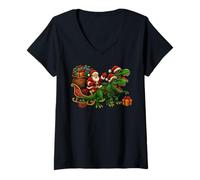 Donna Babbo Natale T-Rex Dinosauro Natale Dino Maglietta con Collo a V
