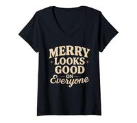 Donna Babbo Natale Vintage Anni '70 Maglietta con Collo a V