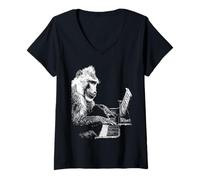 Donna Babbuino Che Suona Il Piano Animale Pianista Musicista Maglietta con Collo a V