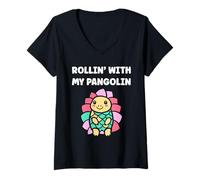 Donna Baby Animals Pangolins Cute Quote Rollin with My Pangolin Maglietta con Collo a V