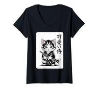 Donna Baby Giapponese Neko - Kawaii Kitten Samurai Cat Maglietta con Collo a V