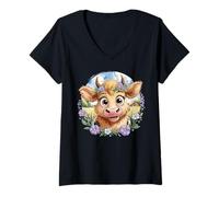 Donna Baby Highland Cow with Purple Flowers Scottish Farm Maglietta con Collo a V