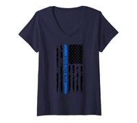 Donna Back The Blue Thin Blue Line Distressed USA Flag Maglietta con Collo a V