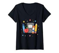Donna Back To School Supplies Teacher Classroom Pencil Apple Art Maglietta con Collo a V