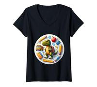 Donna Back To School T-Rex Dinosaur Ragazzi Ragazze Studente Dino Lover Maglietta con Collo a V