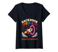 Donna Backdoor Specialist Retro Rocket Innuendo Umorismo Tech Geek Maglietta con Collo a V