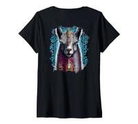Donna Backprint Alpaca Fantasia Colorata da Un Mondo da Sogno Maglietta con Collo a V