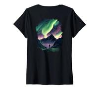 Donna Backprint Aurora Boreale sulle Montagne Meraviglie Naturali Maglietta con Collo a V