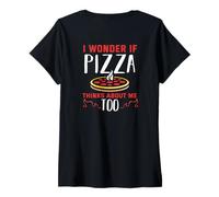 Donna Backprint Chissà se Anche la Pizza Pensa a Me Maglietta con Collo a V