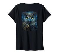 Donna Backprint Gufo Mistico Gufo e Gufo Custode della Foresta Maglietta con Collo a V