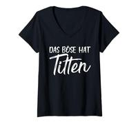 Donna Backprint il male ha le tette tette seni bosom divertente Maglietta con Collo a V