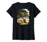 Donna Backprint Il Vecchio Albero nella Savana è Un Simbolo della Maglietta con Collo a V