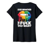 Donna Backprint Kiss Whoever The Fuck You Want LGBTQIA+ Arcobaleno Maglietta con Collo a V