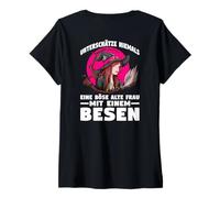 Donna Backprint Sottovalutare mai Una Vecchia Donna malvagia con Scopa Maglietta con Collo a V
