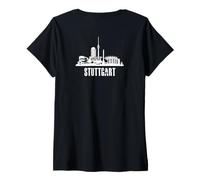 Donna Backprint Stuttgart City Silhouette e Skyline Maglietta con Collo a V