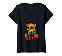 Donna Bad Boy Tee Shirt, Funny Teddy Bear Graphic Design Style Fun Maglietta con Collo a V