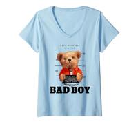 Donna Bad Boy Tee Shirt, Funny Teddy Bear Graphic Design Style Fun Maglietta con Collo a V