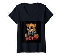 Donna Bad Boy Tee Shirts, Funny Teddy Bear Graphic Design Style Maglietta con Collo a V