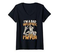 Donna Bad Influence Scheletro Grafico Divertente Teschio con cap Maglietta con Collo a V