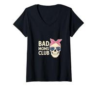 Donna Bad Moms Club Skull Funny Daying Festa della Mamma Maglietta con Collo a V