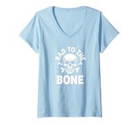 Donna Bad to The Bone Skeleton Rocker Ribelle Biker Attitude Maglietta con Collo a V, Celeste, L