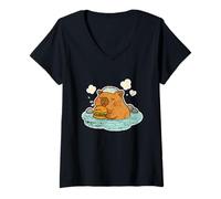 Donna Bagno Rilassato con Hamburger di Capybara Onsen Maglietta con Collo a V