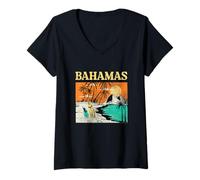 Donna Bahamas Estate Spiaggia Tramonto Palma Vintage Retro Maglietta con Collo a V