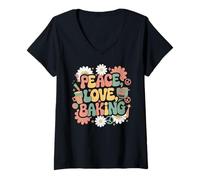 Donna Baker 60s 70s Hippie Retro Peace Love Cottura Maglietta con Collo a V