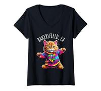 Donna Bakersfield CA USA - Simpatico gatto ballerino colorato Maglietta con Collo a V