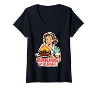 Donna Baking with Rage Casalinga Anni 50 Pop Art Umorismo Maglietta con Collo a V