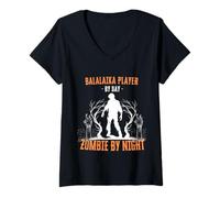Donna Balalaika Player by Day Zombie di Notte Divertente Halloween Maglietta con Collo a V