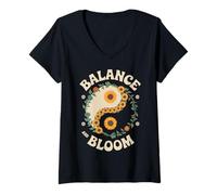Donna Balance Bloom Floral Yin Yang Girasole Hippie Art Maglietta con Collo a V