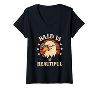 Donna Bald Is Beautiful Aquila Patriottica Calvo Occhiali USA Maglietta con Collo a V