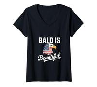 Donna Bald Is Beautiful Bandiera americana Bald Eagle Maglietta con Collo a V